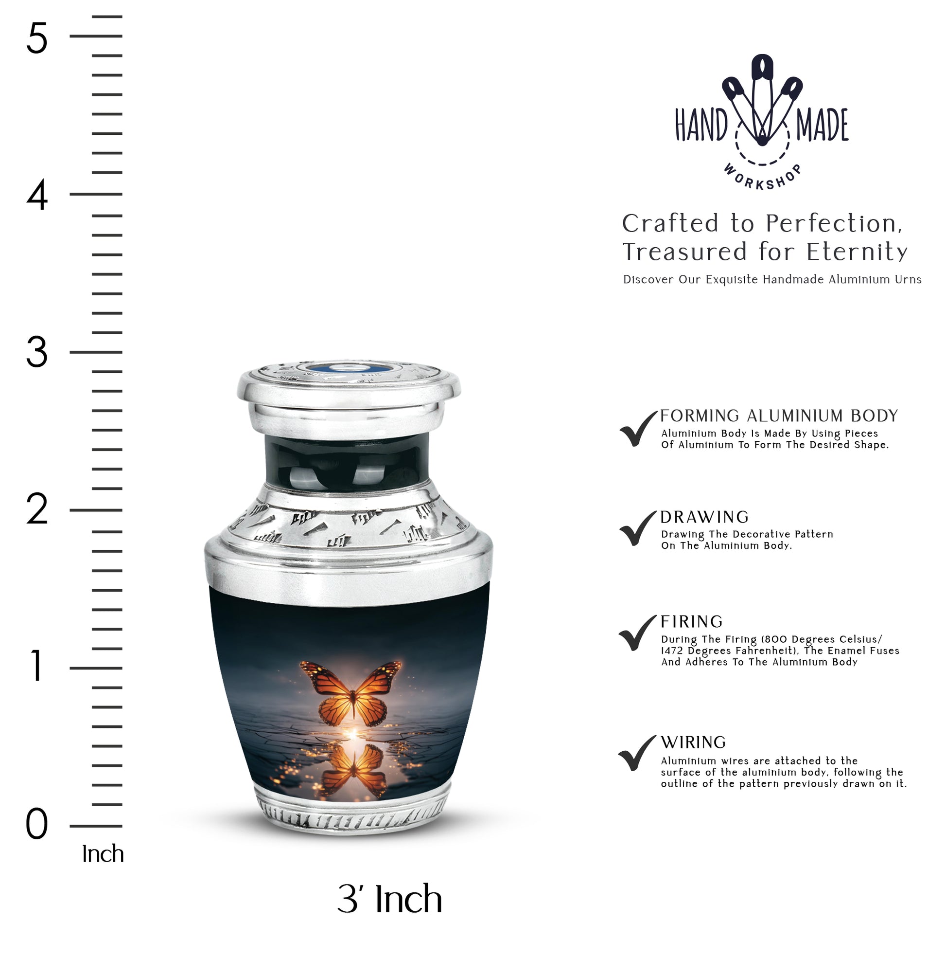 Azure Butterfly Cremation Urn top-down view of secure threaded lid - modern art-inspired butterfly motif on sleek aluminum - mini keepsake memorial for portion of cremation ashes