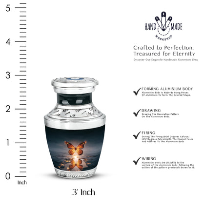 Azure Butterfly Cremation Urn top-down view of secure threaded lid - modern art-inspired butterfly motif on sleek aluminum - mini keepsake memorial for portion of cremation ashes