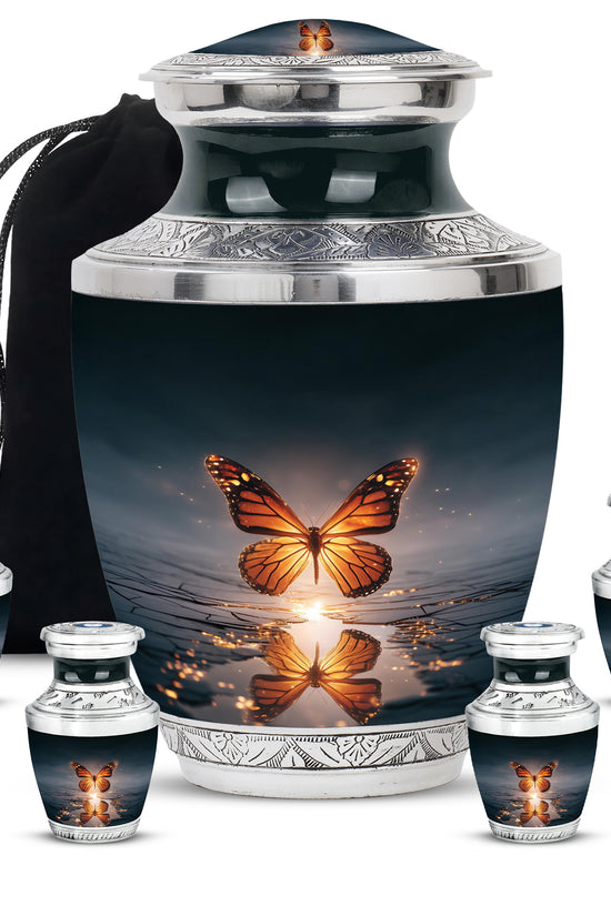 Calming Blue Butterfly Cremation Urn lifestyle display on memorial shelf - artistic butterfly interpretation with creative detail - memorial set with one large and four small urns