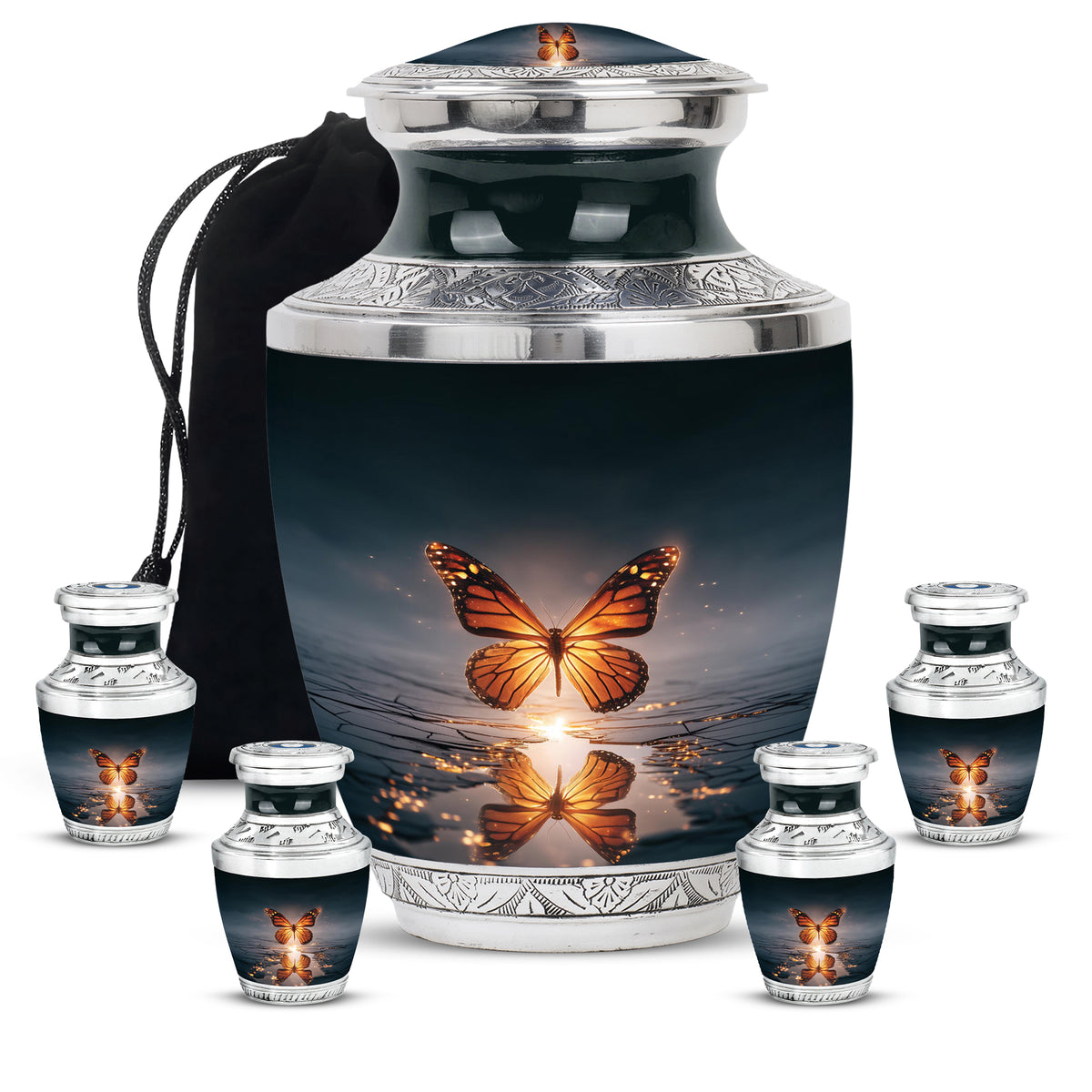 Calming Blue Butterfly Cremation Urn lifestyle display on memorial shelf - artistic butterfly interpretation with creative detail - memorial set with one large and four small urns