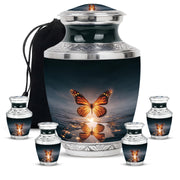 Calming Blue Butterfly Cremation Urn lifestyle display on memorial shelf - artistic butterfly interpretation with creative detail - memorial set with one large and four small urns
