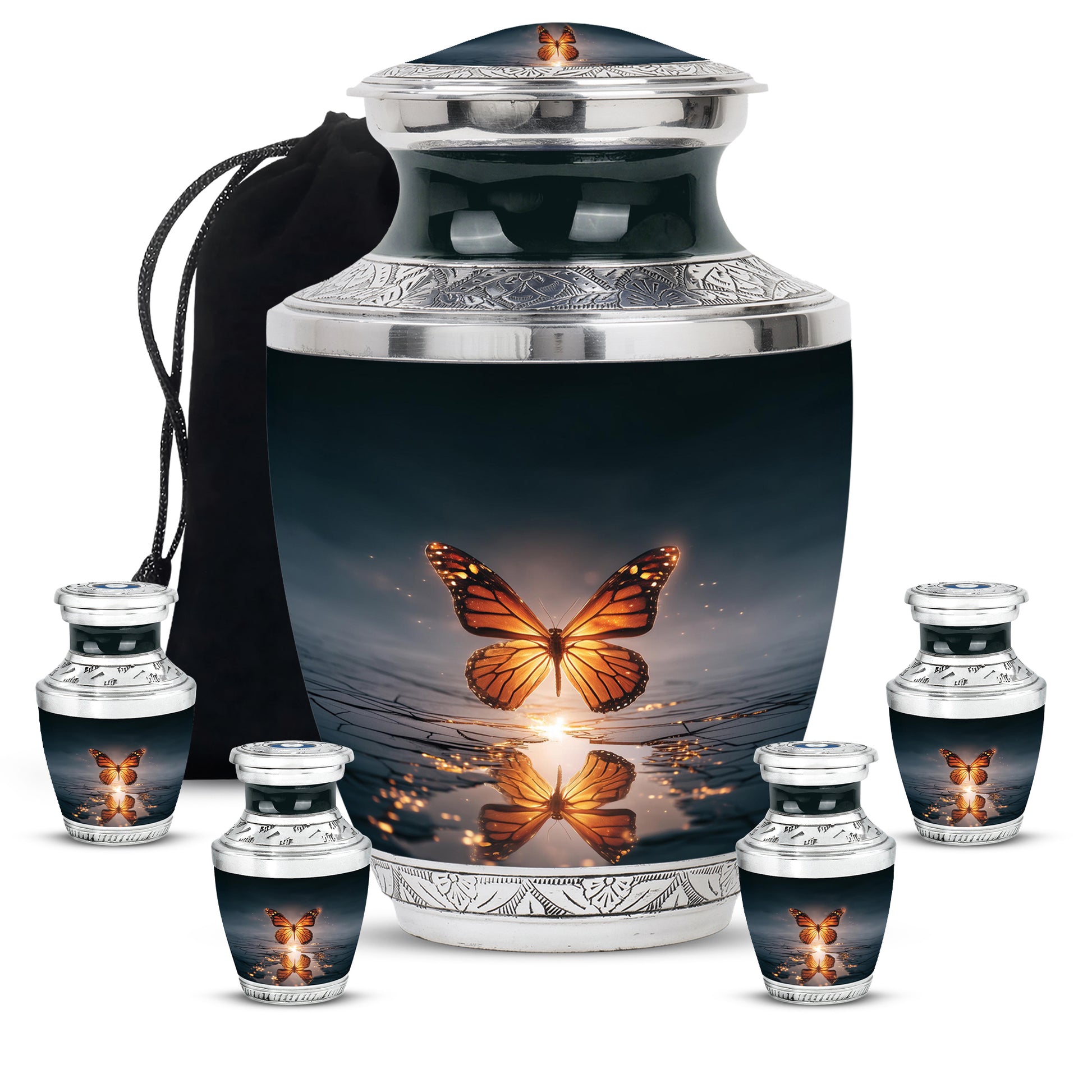 Calming Blue Butterfly Cremation Urn lifestyle display on memorial shelf - artistic butterfly interpretation with creative detail - memorial set with one large and four small urns