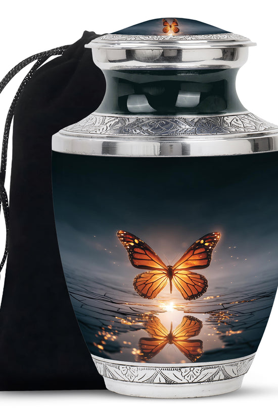 Twilight Blue Butterfly Cremation Urn side profile showing urn shape - artistic butterfly interpretation with creative detail - full-size 10 inch 200 cubic inch adult cremation urn