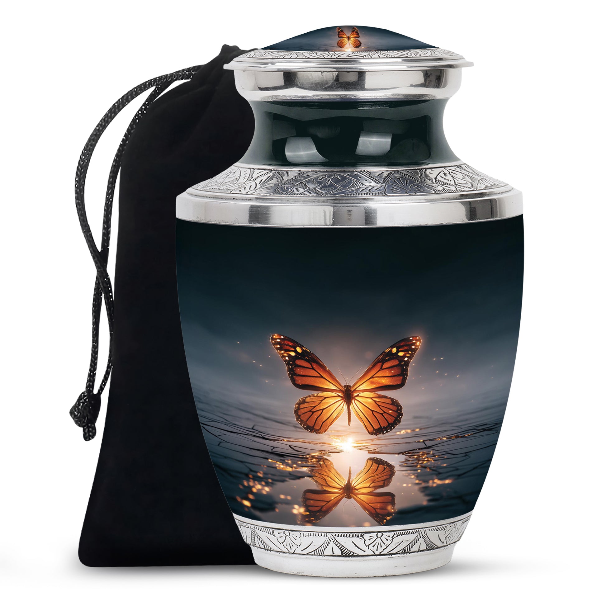 Twilight Blue Butterfly Cremation Urn side profile showing urn shape - artistic butterfly interpretation with creative detail - full-size 10 inch 200 cubic inch adult cremation urn