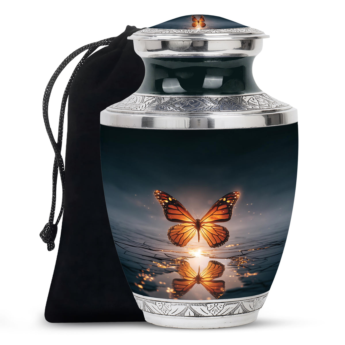 Twilight Blue Butterfly Cremation Urn side profile showing urn shape - artistic butterfly interpretation with creative detail - full-size 10 inch 200 cubic inch adult cremation urn