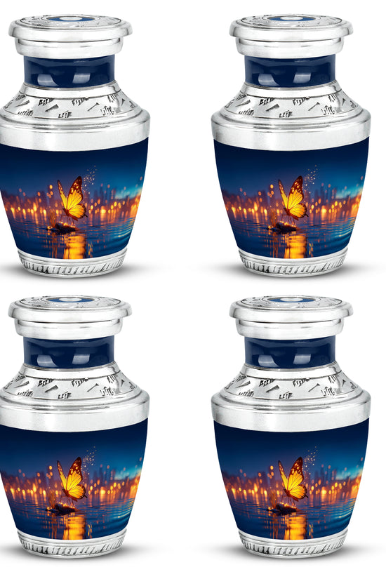 Vivid Blue Butterfly Cremation Urn back view with polished surface - stylized abstract butterfly pattern with bold lines - 10 inch aluminum urn for cremated remains