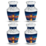 Vivid Blue Butterfly Cremation Urn back view with polished surface - stylized abstract butterfly pattern with bold lines - 10 inch aluminum urn for cremated remains