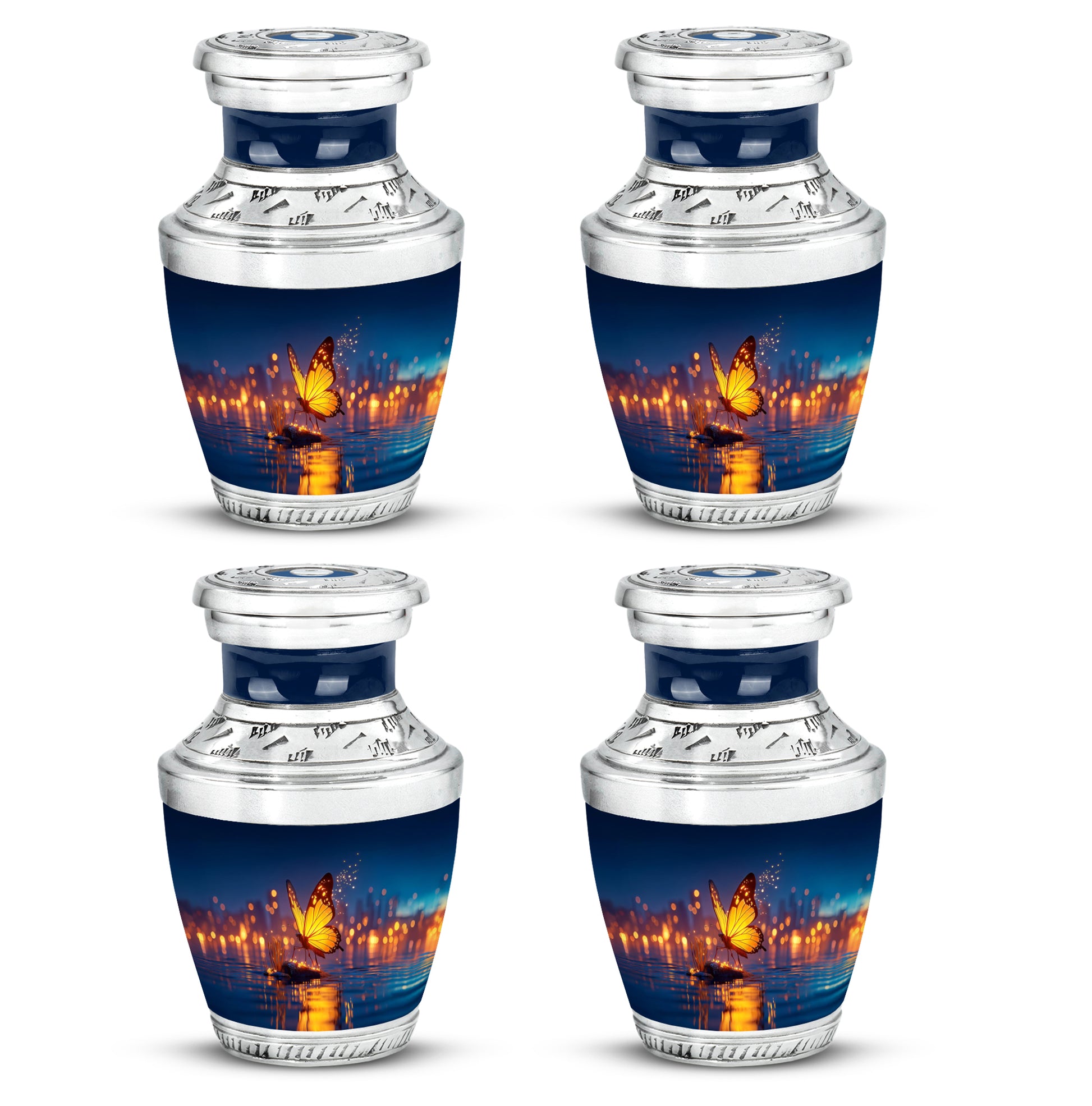 Vivid Blue Butterfly Cremation Urn back view with polished surface - stylized abstract butterfly pattern with bold lines - 10 inch aluminum urn for cremated remains