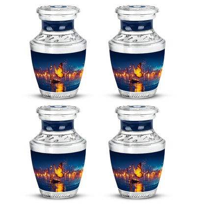 Vivid Blue Butterfly Cremation Urn back view with polished surface - stylized abstract butterfly pattern with bold lines - 10 inch aluminum urn for cremated remains