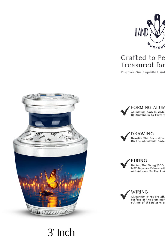 Slate Blue Butterfly Cremation Urn top-down view of secure threaded lid - modern art-inspired butterfly motif on sleek aluminum - mini keepsake memorial for portion of cremation ashes