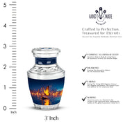 Slate Blue Butterfly Cremation Urn top-down view of secure threaded lid - modern art-inspired butterfly motif on sleek aluminum - mini keepsake memorial for portion of cremation ashes