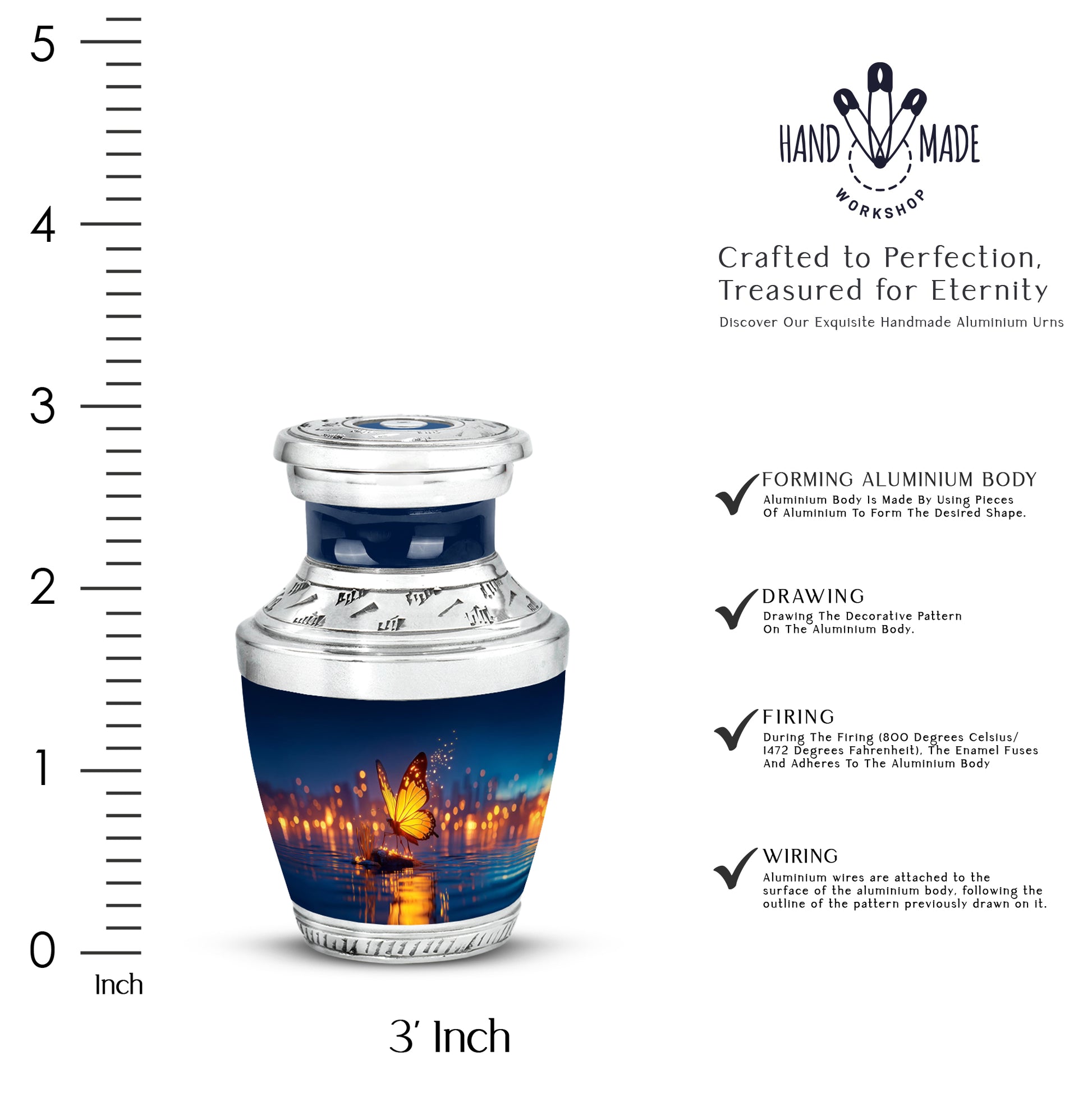 Slate Blue Butterfly Cremation Urn top-down view of secure threaded lid - modern art-inspired butterfly motif on sleek aluminum - mini keepsake memorial for portion of cremation ashes
