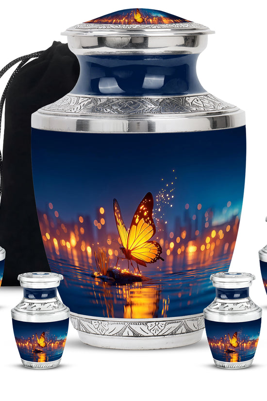Twilight Blue Butterfly Cremation Urn lifestyle display on memorial shelf - stylized abstract butterfly pattern with bold lines - memorial set with one large and four small urns