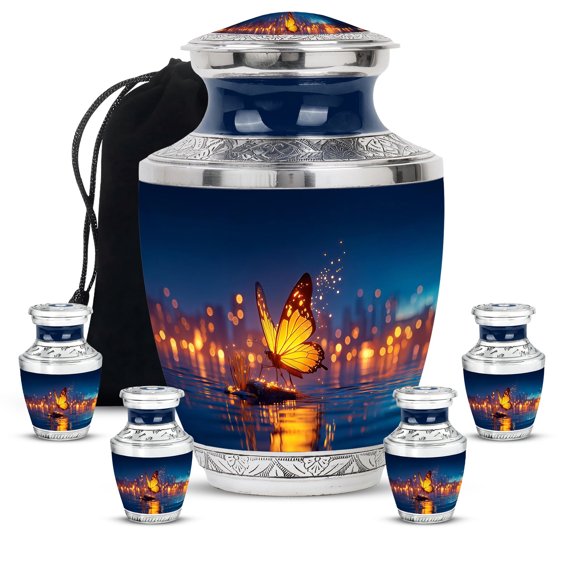 Twilight Blue Butterfly Cremation Urn lifestyle display on memorial shelf - stylized abstract butterfly pattern with bold lines - memorial set with one large and four small urns