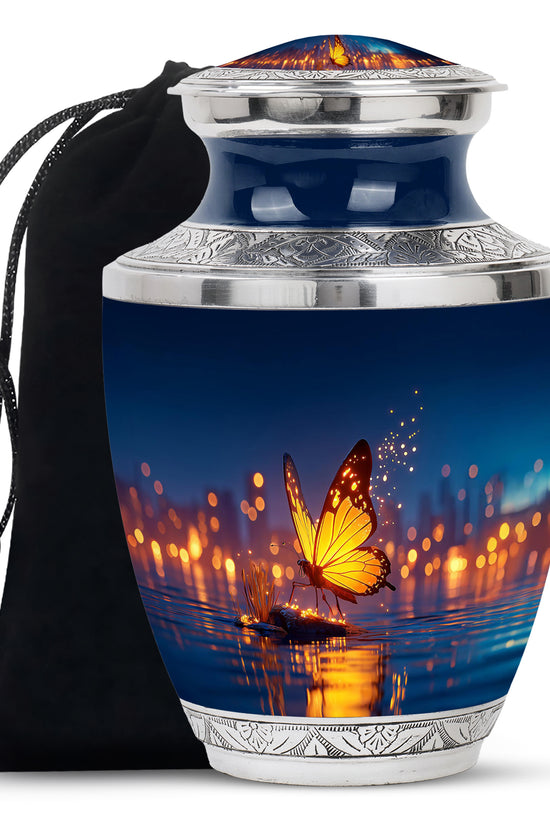 Vivid Blue Butterfly Cremation Urn side profile showing urn shape - artistic butterfly interpretation with creative detail - full-size 10 inch 200 cubic inch adult cremation urn