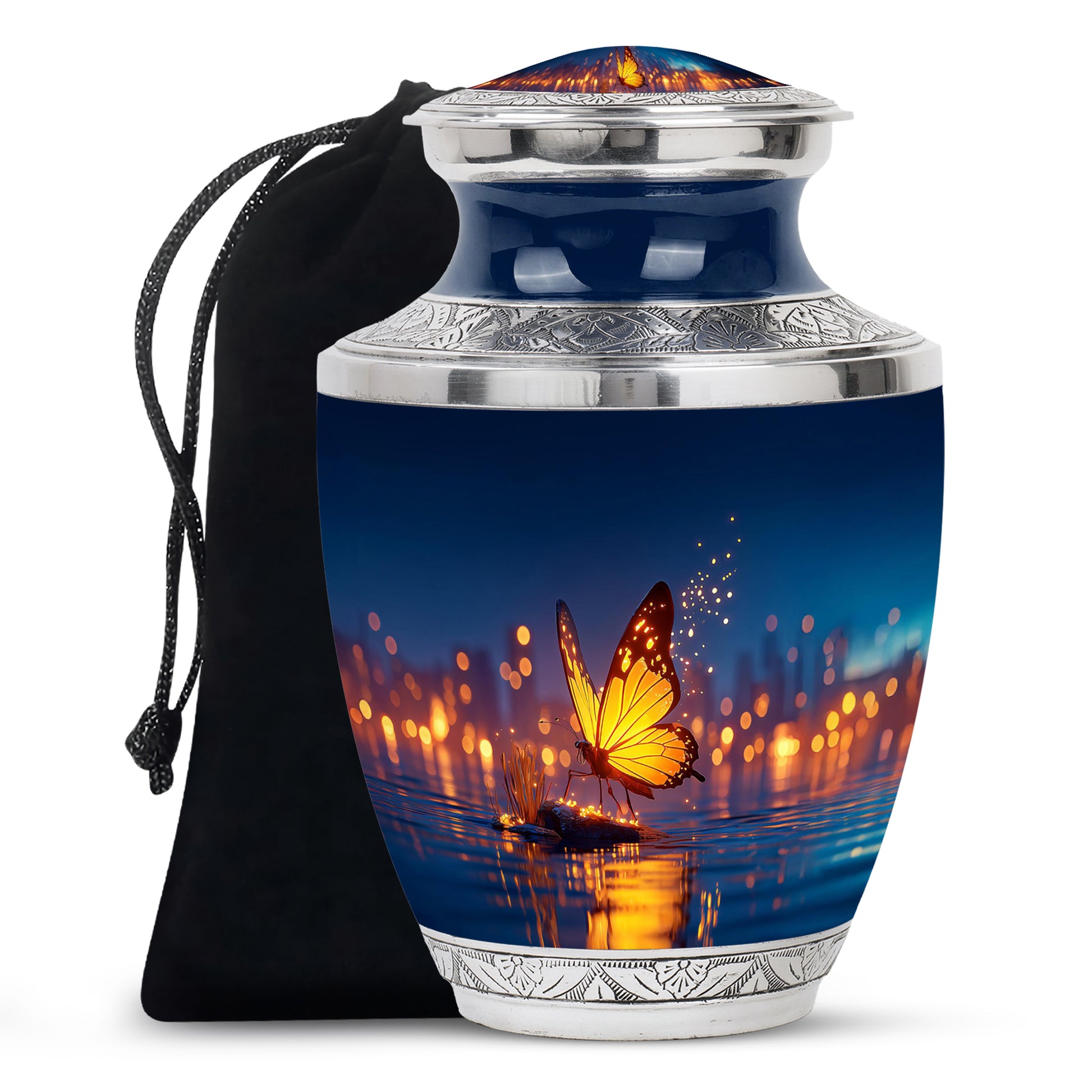 Vivid Blue Butterfly Cremation Urn side profile showing urn shape - artistic butterfly interpretation with creative detail - full-size 10 inch 200 cubic inch adult cremation urn