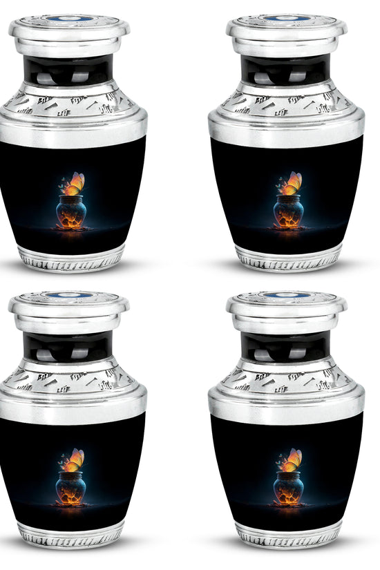 Rich Black Butterfly Cremation Urn back view with polished surface - modern art-inspired butterfly motif on sleek aluminum - 10 inch aluminum urn for cremated remains