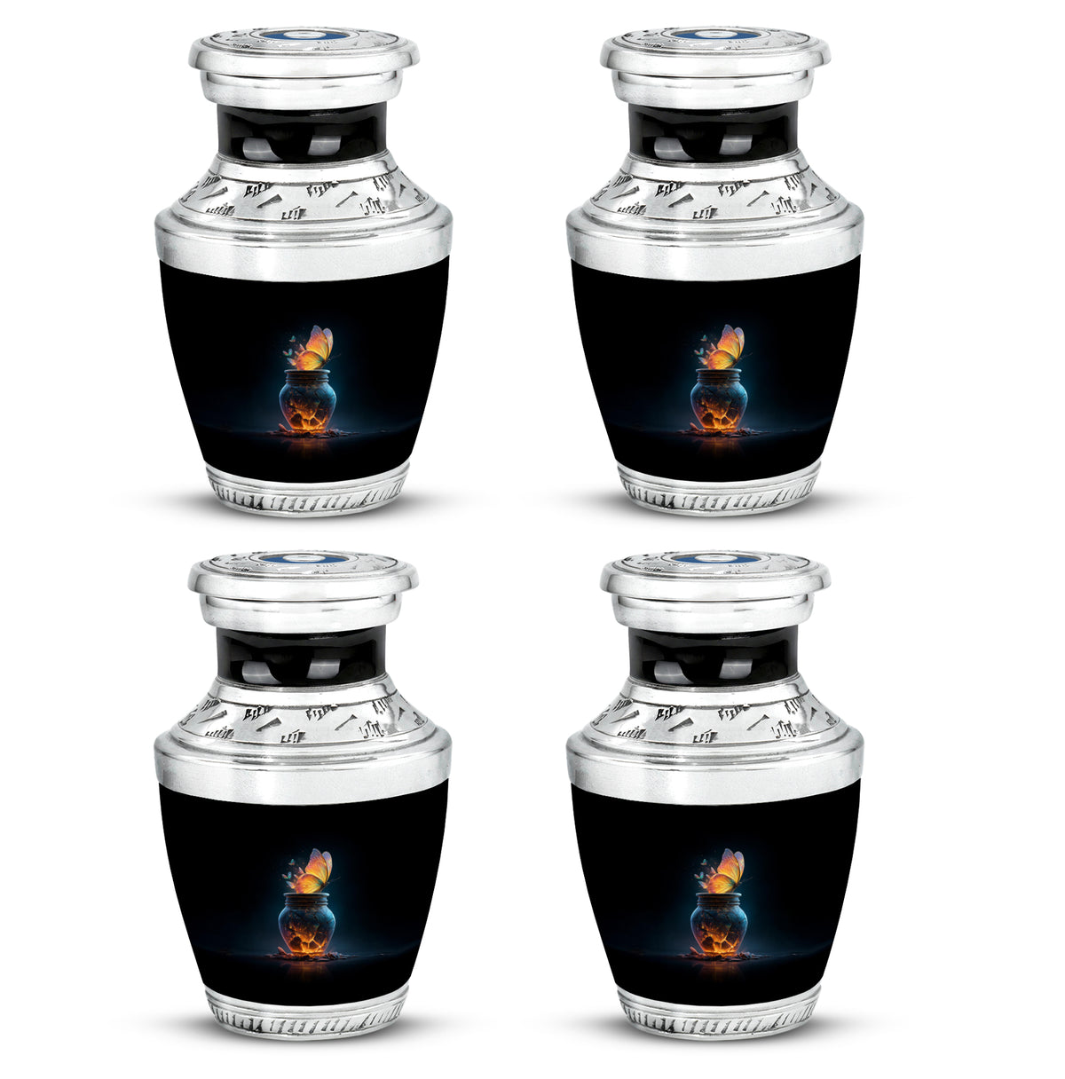 Rich Black Butterfly Cremation Urn back view with polished surface - modern art-inspired butterfly motif on sleek aluminum - 10 inch aluminum urn for cremated remains