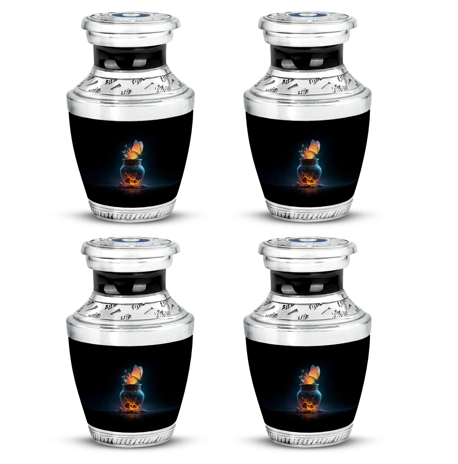 Rich Black Butterfly Cremation Urn back view with polished surface - modern art-inspired butterfly motif on sleek aluminum - 10 inch aluminum urn for cremated remains