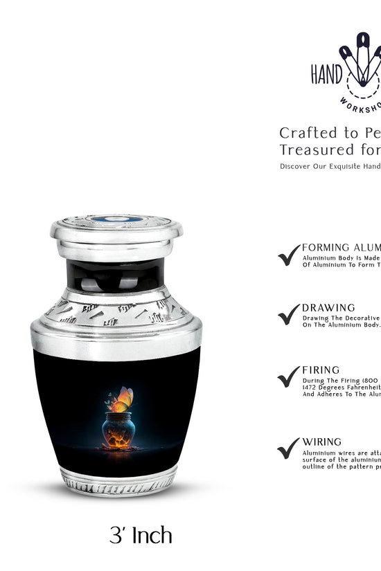 Midnight Black Butterfly Cremation Urn top-down view of secure threaded lid - stylized abstract butterfly pattern with bold lines - mini keepsake memorial for portion of cremation ashes