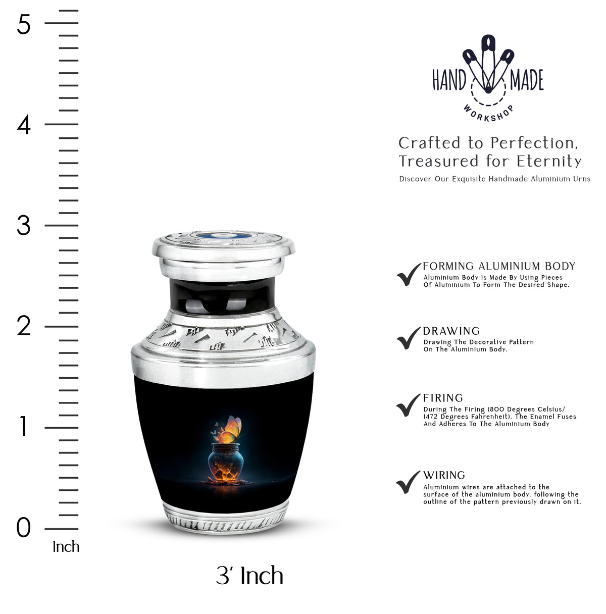 Midnight Black Butterfly Cremation Urn top-down view of secure threaded lid - stylized abstract butterfly pattern with bold lines - mini keepsake memorial for portion of cremation ashes