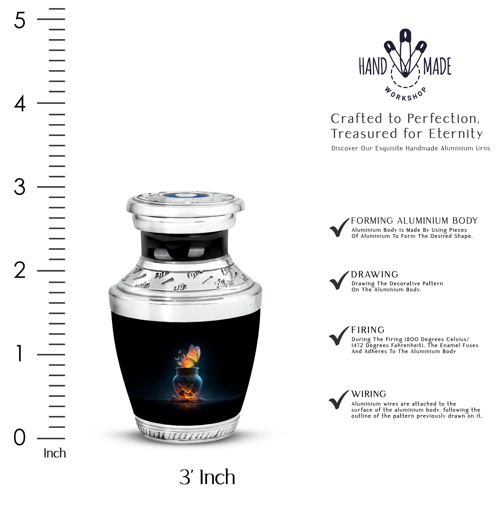 Midnight Black Butterfly Cremation Urn top-down view of secure threaded lid - stylized abstract butterfly pattern with bold lines - mini keepsake memorial for portion of cremation ashes