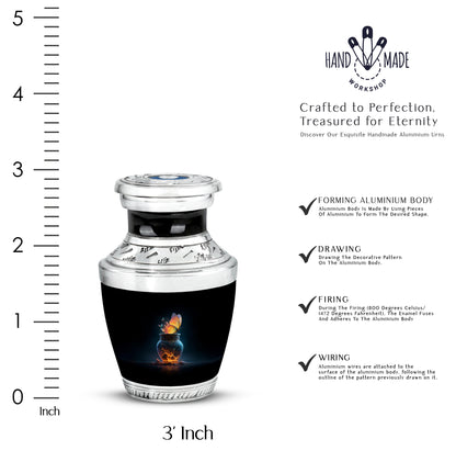 Midnight Black Butterfly Cremation Urn top-down view of secure threaded lid - stylized abstract butterfly pattern with bold lines - mini keepsake memorial for portion of cremation ashes