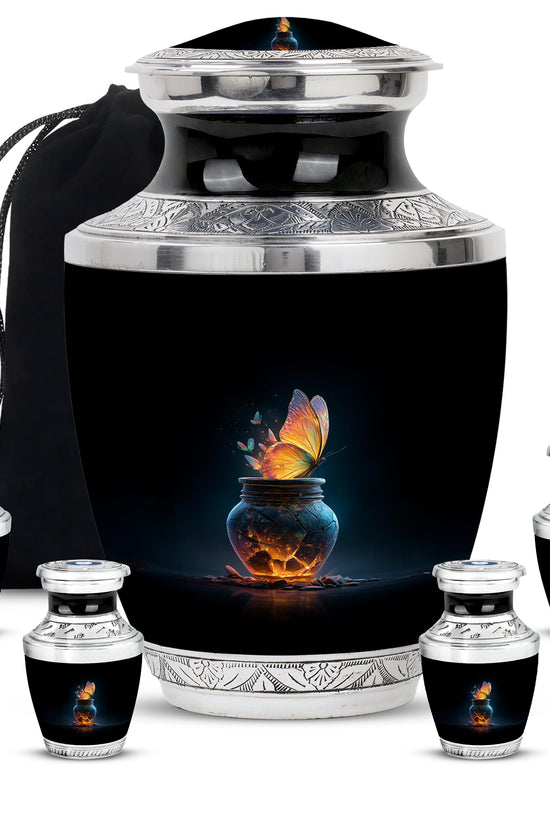 Obsidian Black Butterfly Cremation Urn lifestyle display on memorial shelf - artistic butterfly interpretation with creative detail - memorial set with one large and four small urns