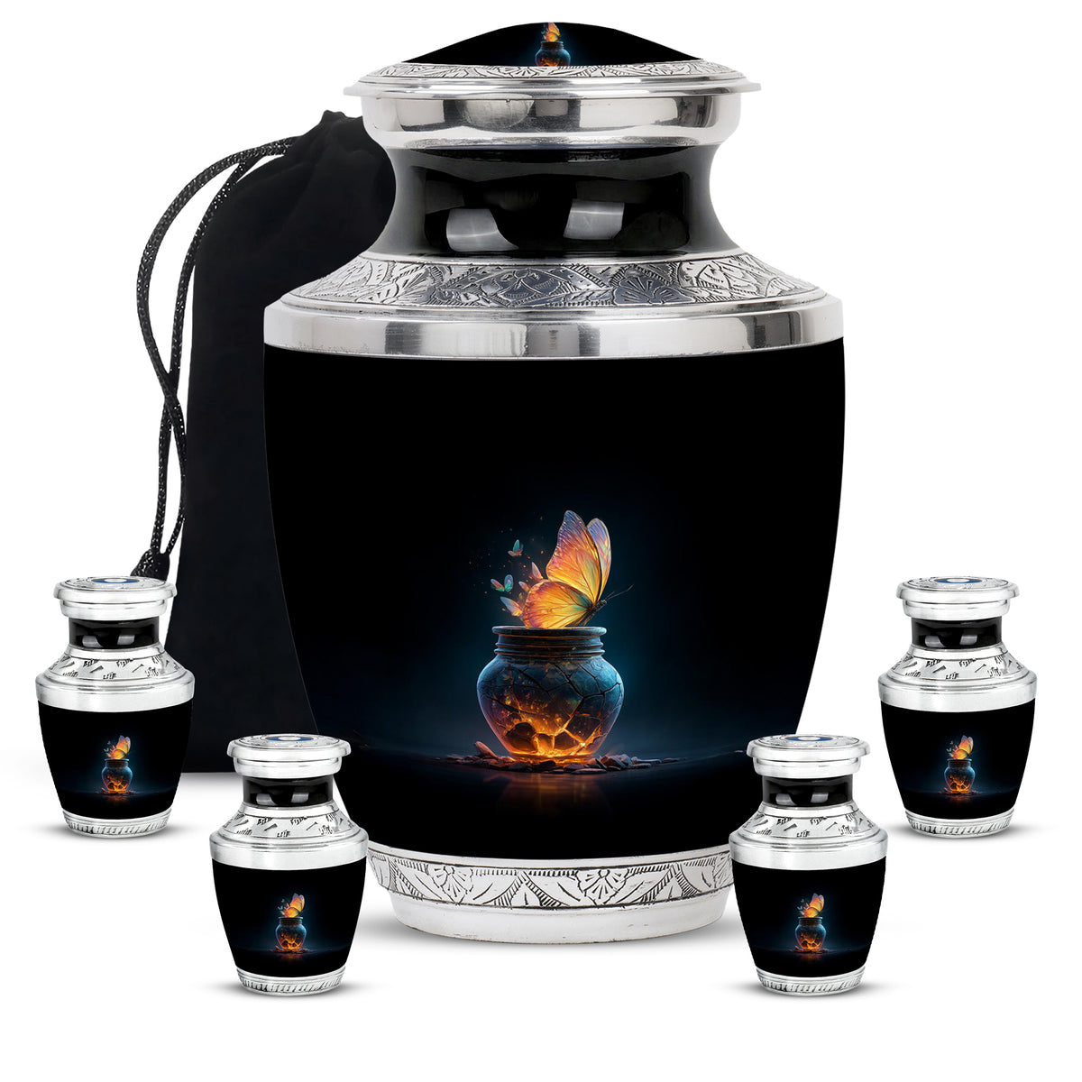 Obsidian Black Butterfly Cremation Urn lifestyle display on memorial shelf - artistic butterfly interpretation with creative detail - memorial set with one large and four small urns