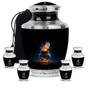 Obsidian Black Butterfly Cremation Urn lifestyle display on memorial shelf - artistic butterfly interpretation with creative detail - memorial set with one large and four small urns