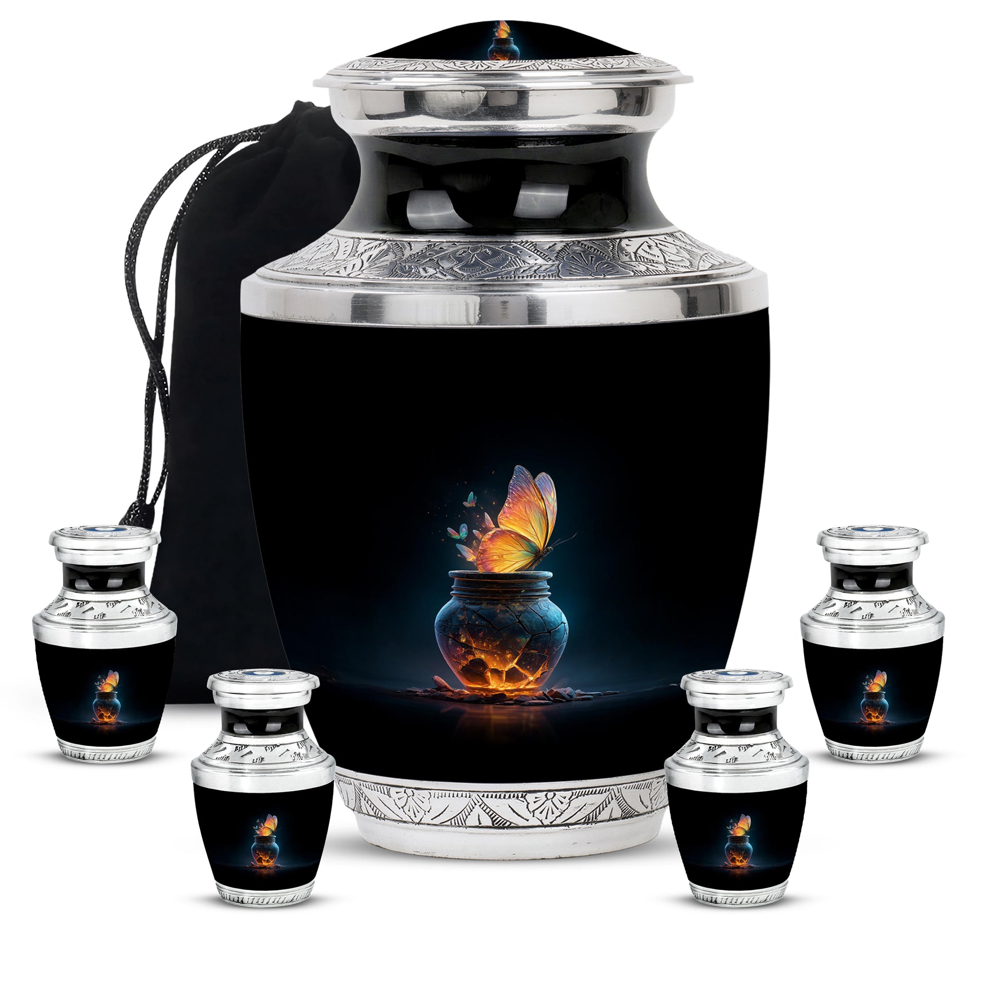 Obsidian Black Butterfly Cremation Urn lifestyle display on memorial shelf - artistic butterfly interpretation with creative detail - memorial set with one large and four small urns