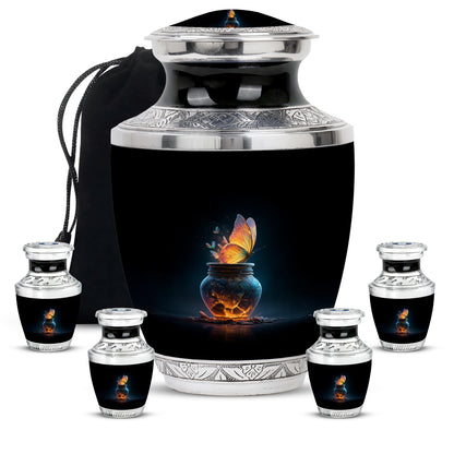 Obsidian Black Butterfly Cremation Urn lifestyle display on memorial shelf - artistic butterfly interpretation with creative detail - memorial set with one large and four small urns