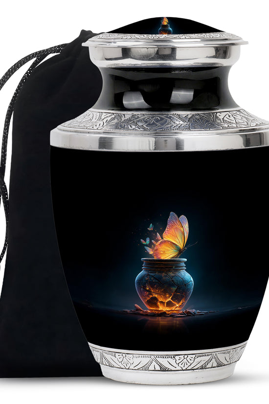 Rich Black Butterfly Cremation Urn side profile showing urn shape - contemporary butterfly design with modern artistic flair - full-size 10 inch 200 cubic inch adult cremation urn