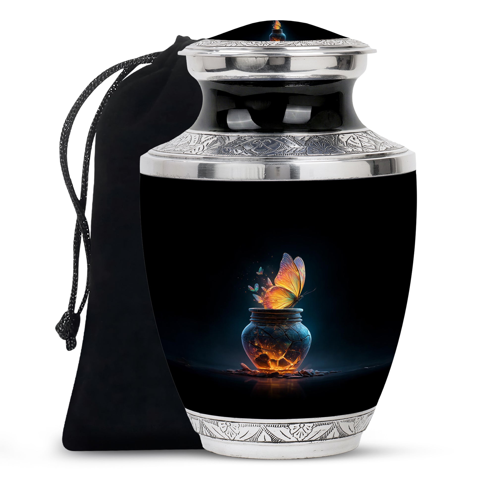 Rich Black Butterfly Cremation Urn side profile showing urn shape - contemporary butterfly design with modern artistic flair - full-size 10 inch 200 cubic inch adult cremation urn
