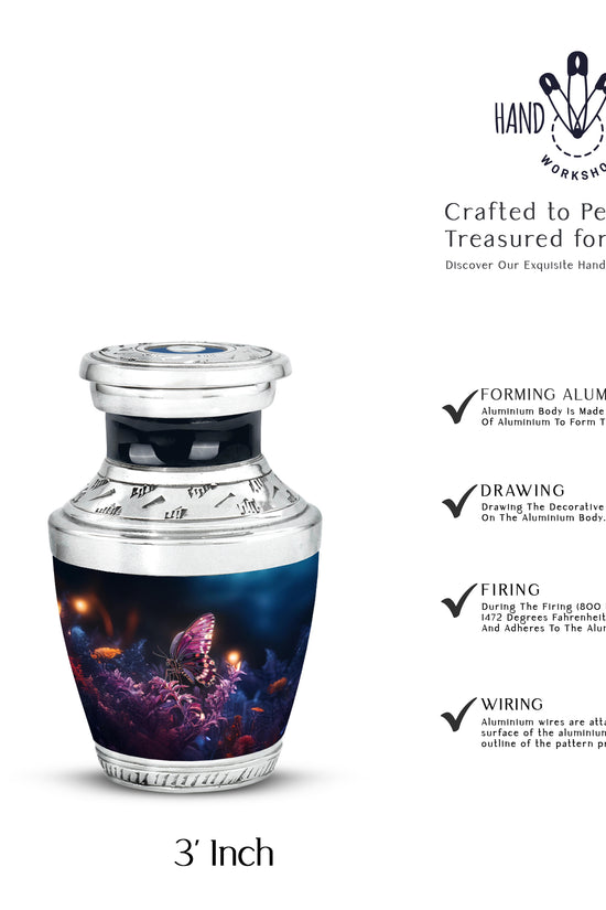 Obsidian Black Butterfly Cremation Urn top-down view of secure threaded lid - stylized abstract butterfly pattern with bold lines - mini keepsake memorial for portion of cremation ashes