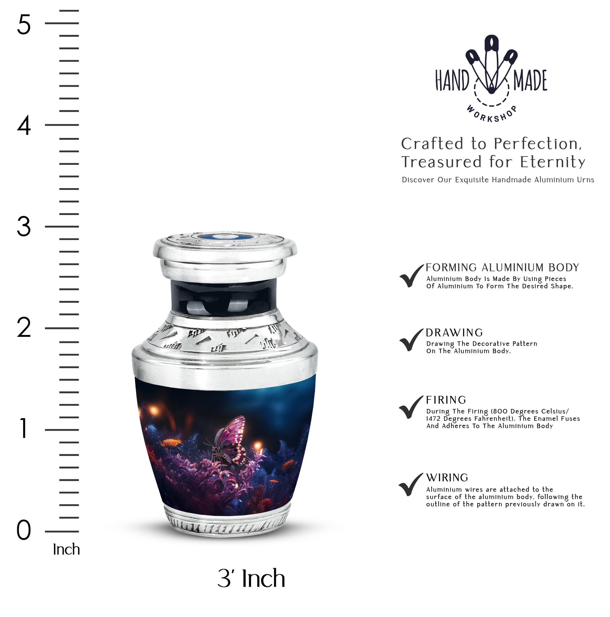 Obsidian Black Butterfly Cremation Urn top-down view of secure threaded lid - stylized abstract butterfly pattern with bold lines - mini keepsake memorial for portion of cremation ashes