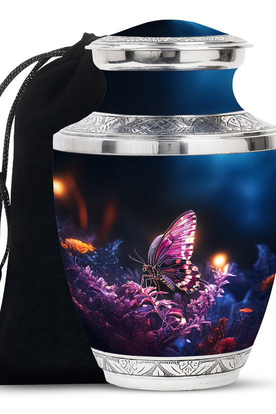 Purple Butterfly Urn with Flowers – Elegant Memorial Cremation Urn