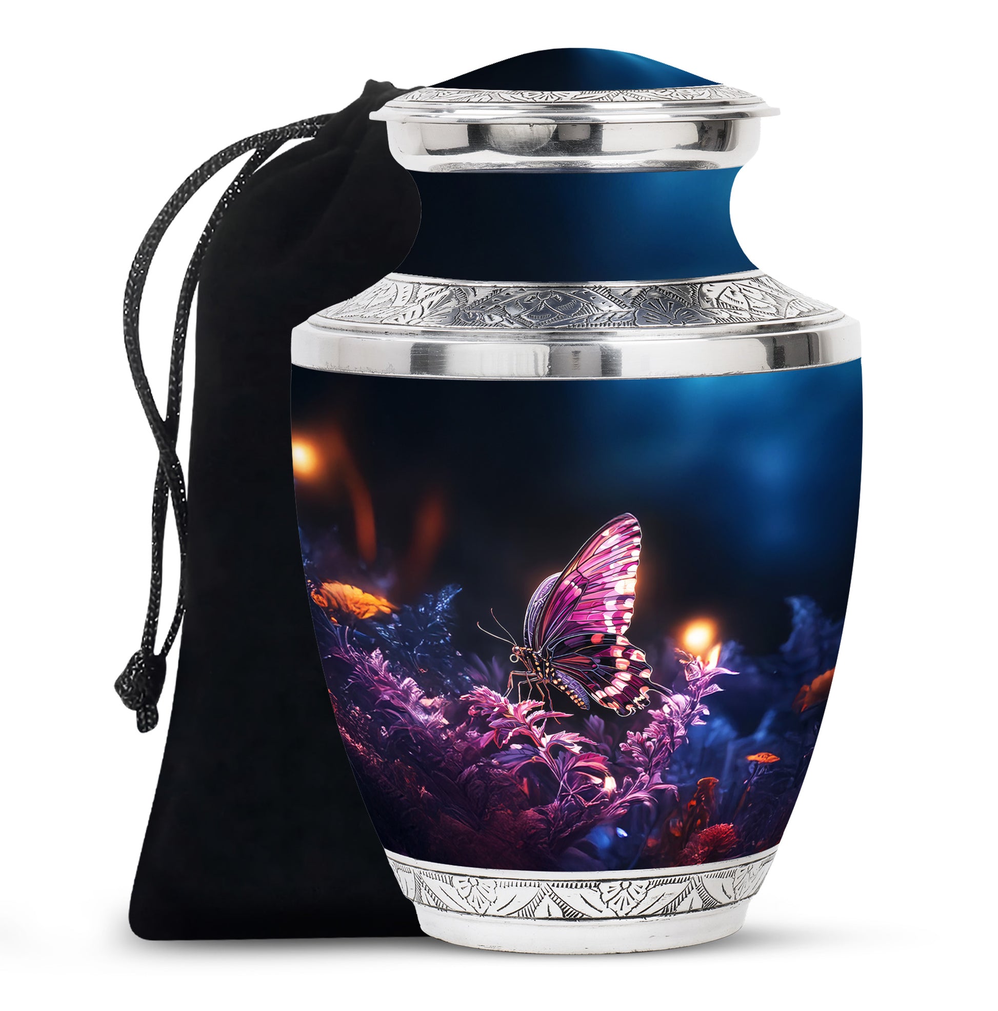 Purple Butterfly Urn with Flowers – Elegant Memorial Cremation Urn