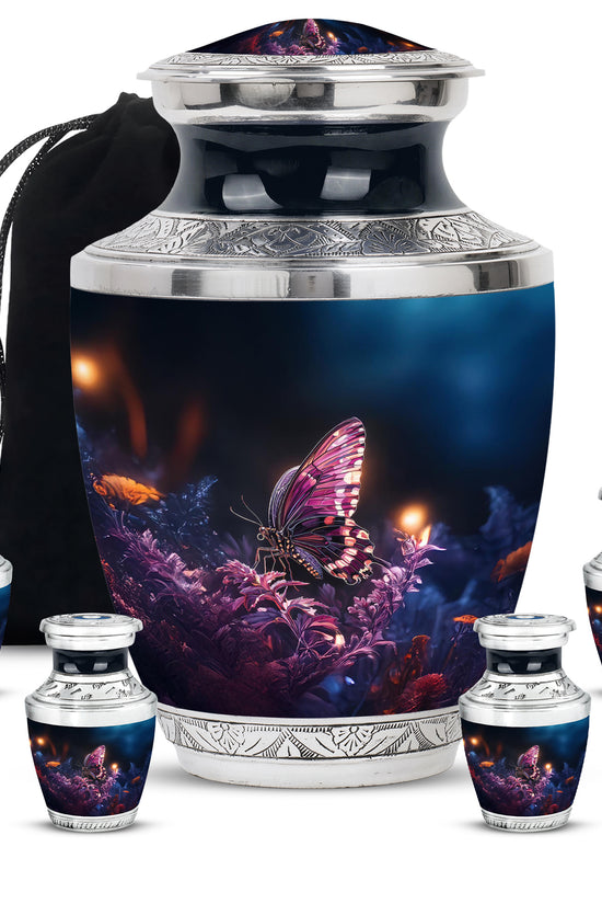 Dark Black Butterfly Cremation Urn lifestyle display on memorial shelf - artistic butterfly interpretation with creative detail - memorial set with one large and four small urns