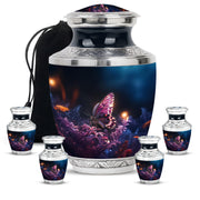 Dark Black Butterfly Cremation Urn lifestyle display on memorial shelf - artistic butterfly interpretation with creative detail - memorial set with one large and four small urns