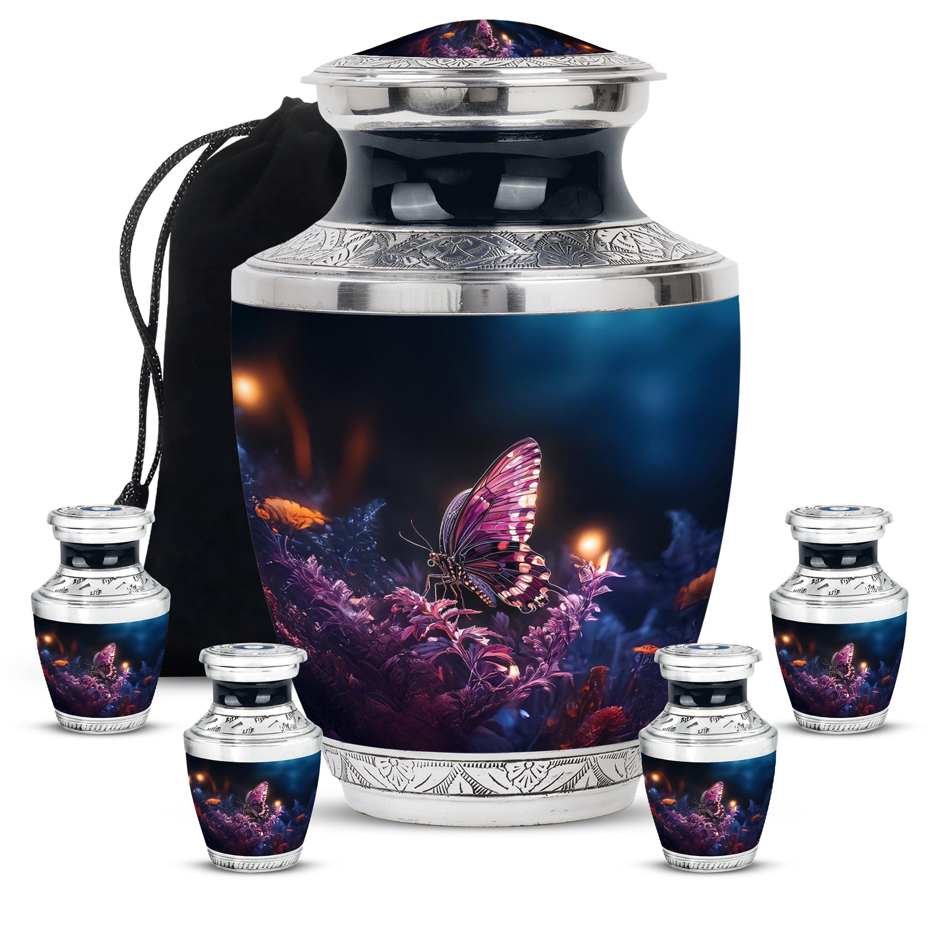 Dark Black Butterfly Cremation Urn lifestyle display on memorial shelf - artistic butterfly interpretation with creative detail - memorial set with one large and four small urns