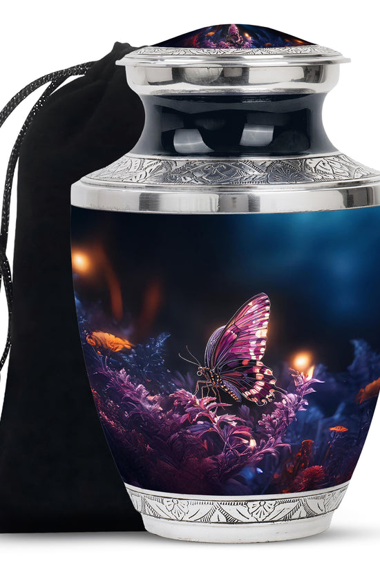 Ebony Butterfly Cremation Urn side profile showing urn shape - modern art-inspired butterfly motif on sleek aluminum - full-size 10 inch 200 cubic inch adult cremation urn