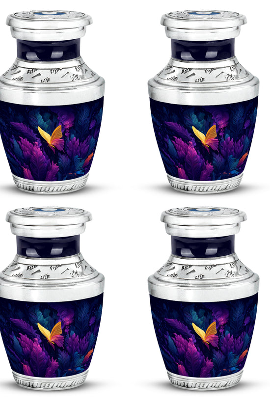 Serene Blue Butterfly Cremation Urn back view with polished surface - stylized abstract butterfly pattern with bold lines - 10 inch aluminum urn for cremated remains