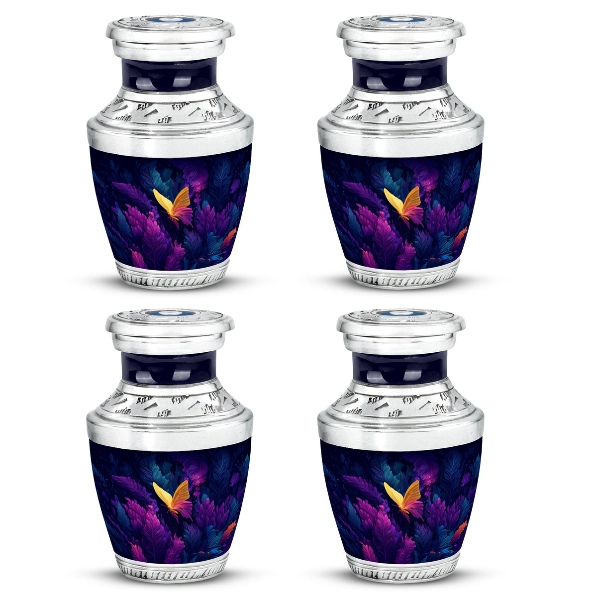 Serene Blue Butterfly Cremation Urn back view with polished surface - stylized abstract butterfly pattern with bold lines - 10 inch aluminum urn for cremated remains