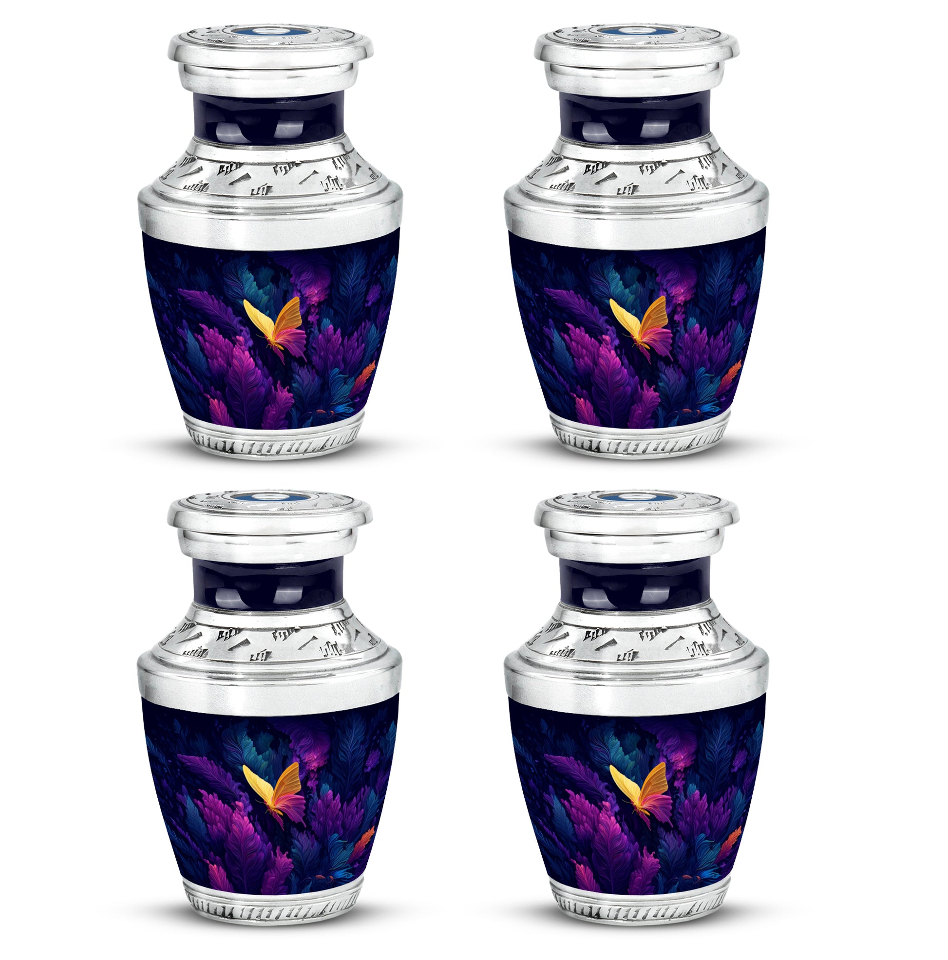 Serene Blue Butterfly Cremation Urn back view with polished surface - stylized abstract butterfly pattern with bold lines - 10 inch aluminum urn for cremated remains