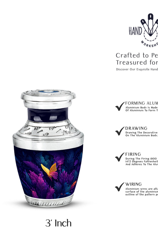 Calming Blue Butterfly Cremation Urn top-down view of secure threaded lid - artistic butterfly interpretation with creative detail - mini keepsake memorial for portion of cremation ashes