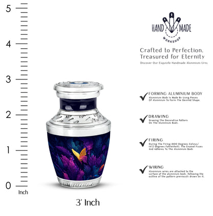 Calming Blue Butterfly Cremation Urn top-down view of secure threaded lid - artistic butterfly interpretation with creative detail - mini keepsake memorial for portion of cremation ashes