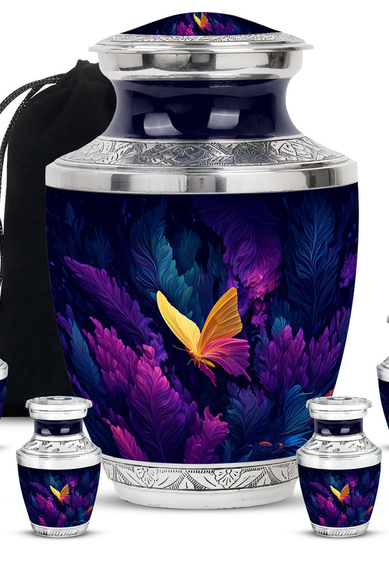 Cornflower Blue Butterfly Cremation Urn lifestyle display on memorial shelf - stylized abstract butterfly pattern with bold lines - memorial set with one large and four small urns