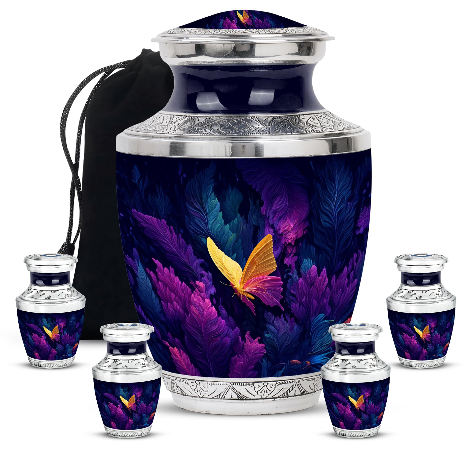 Cornflower Blue Butterfly Cremation Urn lifestyle display on memorial shelf - stylized abstract butterfly pattern with bold lines - memorial set with one large and four small urns