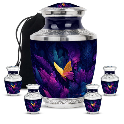 Cornflower Blue Butterfly Cremation Urn lifestyle display on memorial shelf - stylized abstract butterfly pattern with bold lines - memorial set with one large and four small urns